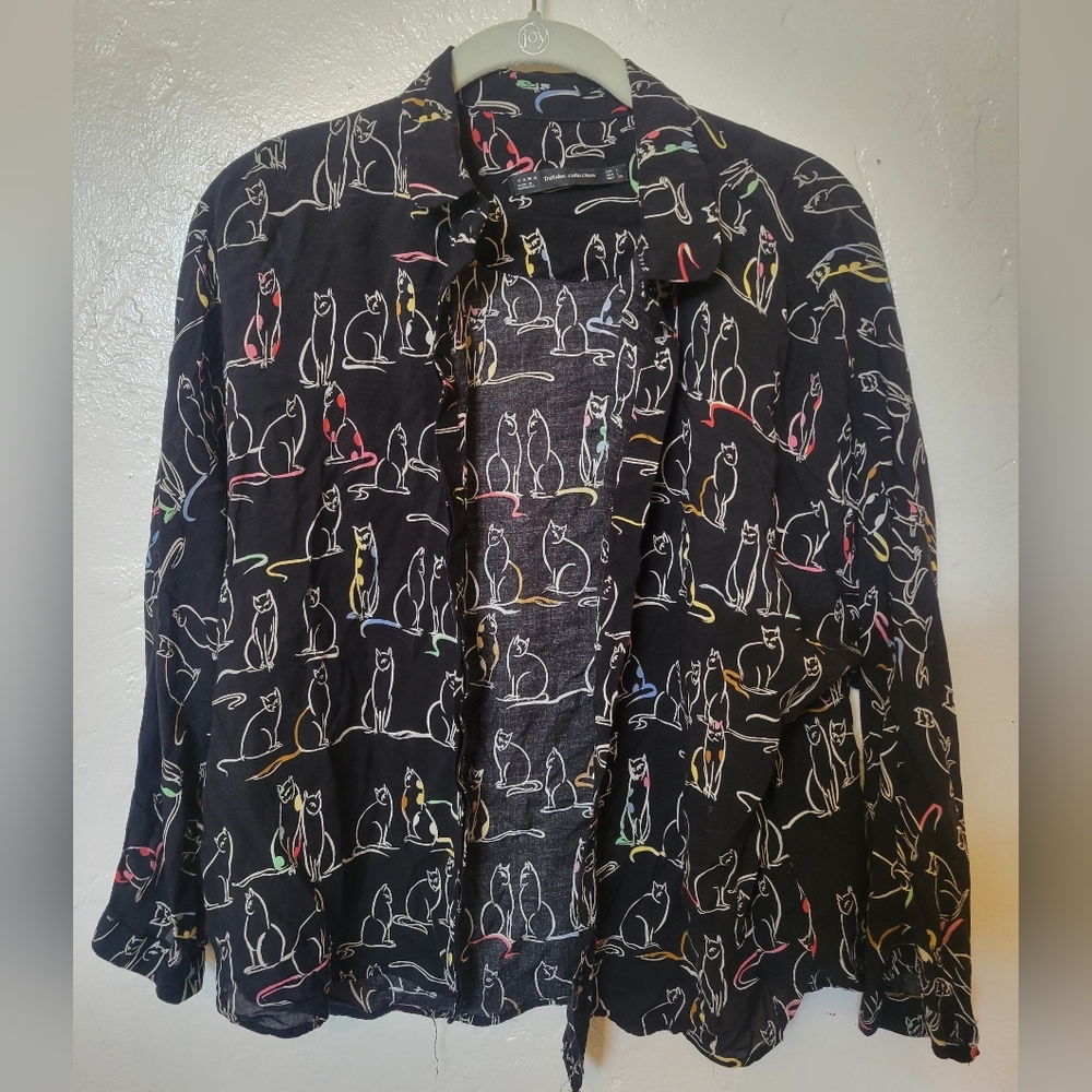 Zara Trafaluc Cat Print 3/4 Sleeve Top